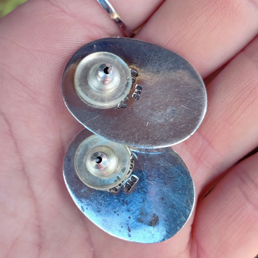 Vintage heavy 950 fine silver Mosaic taxco signed stone earrings - Picture 10 of 15